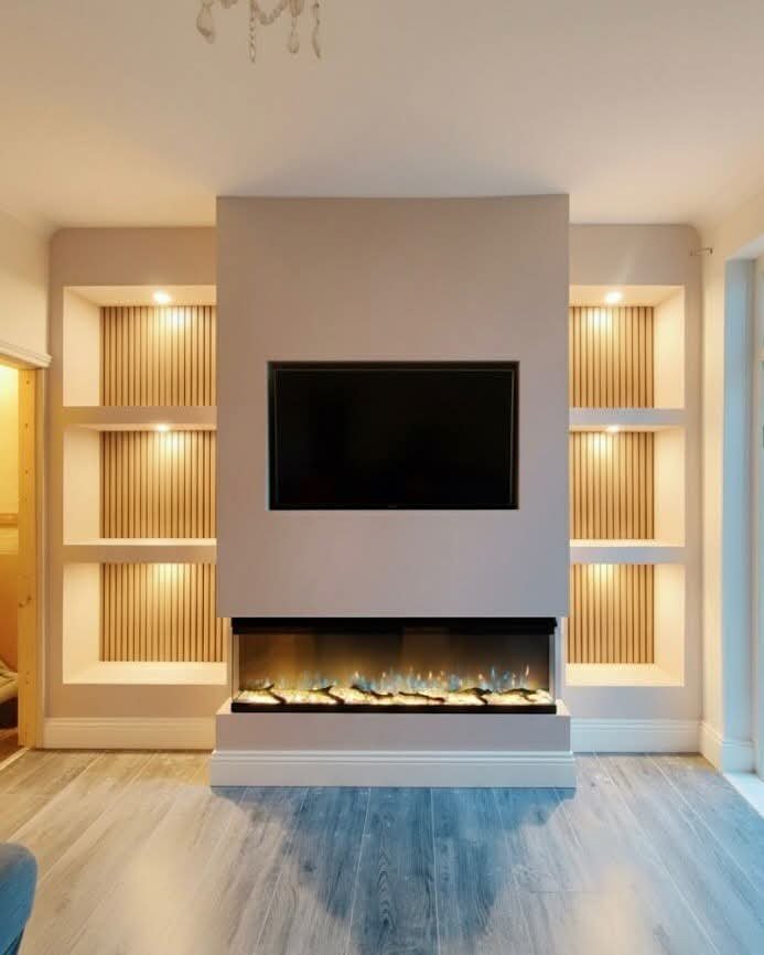 Bespoke media wall with electric fireplace and slatted shelving Manchester