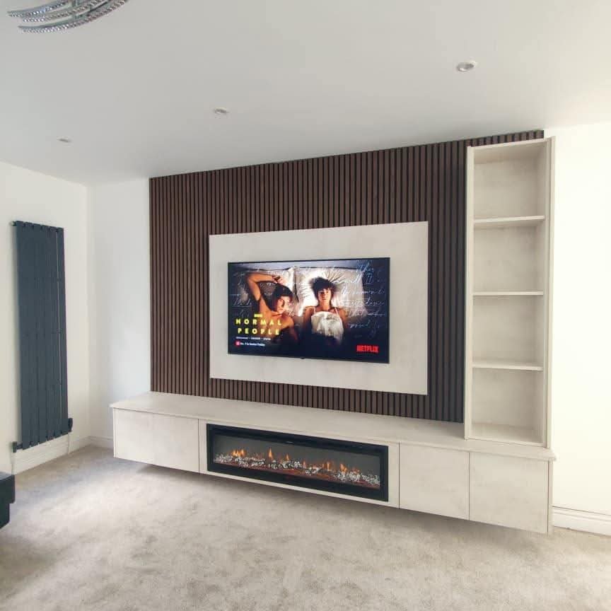 Bespoke slatted media wall with TV frame Greater Manchester
